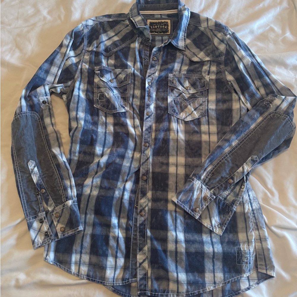 Men's Blue and White Plaid Button-Down Shirt